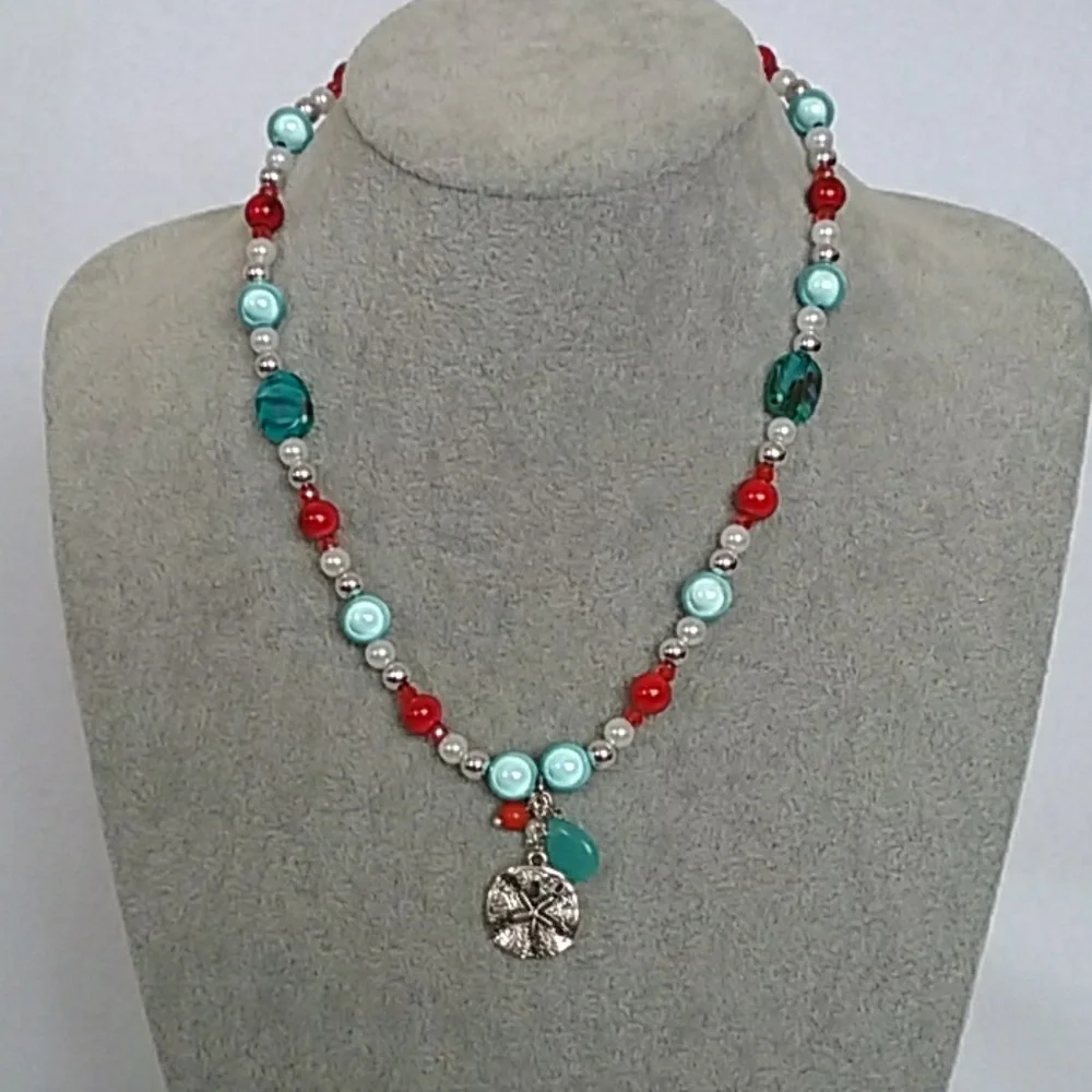 Sand dollar charm red, white, & blue beaded necklace